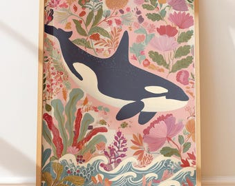 Orca Wall Art: Botanical Whale Print (Warm Gold and Folk Style)
