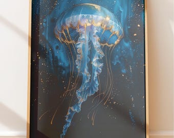 Coastal Jellyfish Wall Art, Ocean Scene, Soft Blue Tones (Various Sizes)
