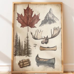 May include: A framed wall art print featuring a collection of nature-themed illustrations including a large dark red maple leaf, a mountain peak, a moose head with antlers, a cluster of pine trees, a stack of logs, and two canoes on water.