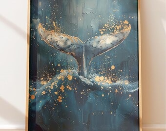 Whale Tail Wall Art: Coastal Teal and Gold - Nautical Home Decor