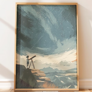 Peut inclure: Une impression d'art mural encadrée représentant une illustration stylisée d'une personne debout sur une falaise rocheuse, utilisant un télescope pour observer un vaste ciel nocturne bleu foncé parsemé d'étoiles blanches au-dessus d'un paysage montagneux.