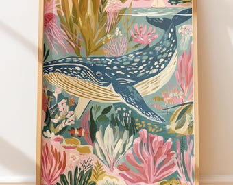 Whimsical Blue Whale Underwater Scene, Woodland Animals Nature Illustration Kids Room Decor