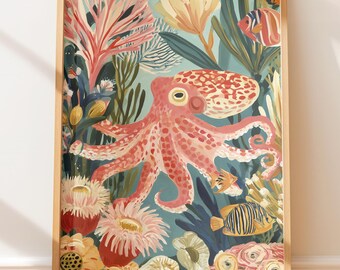 Whimsical Octopus Underwater Garden, Woodland Creatures Nature Illustration, Kids Room Decor