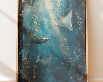 Serene Coastal Wall Art: Watercolor Stingrays Print