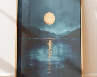 Coastal Ocean Print: Serene Nightscape in Deep Teal and Navy