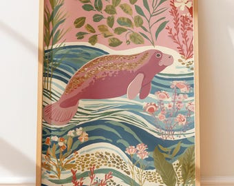Folk Art Manatee Print, Underwater Botanical Scene (Vintage Style)