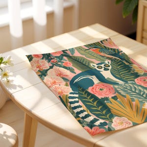 Tropical animal children's wall art with forest friends — hand-painted gouache style featuring lemur surrounded by orchids, protea, and vintage cottage aesthetic