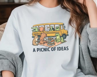 A Picnic of Ideas Shirt, Cute Reading Animals T-Shirt, Book Lover Graphic Tee, Teacher Librarian Gift,  Book Club Tee, Reader Gift