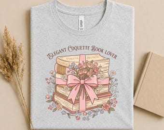 Coquette Book Lover Shirt, Pink Bow Book Stack T-Shirt, Bookish Floral Graphic Tee, Reader Gift, Cozy Reading Shirt, Librarian Tee