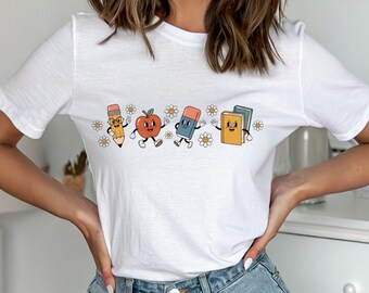 Cute School Supplies T-Shirt, Pencil Apple Eraser Book Graphic Tee, Teacher Shirt, Back to School Gift, Student Shirt, Classroom Cute Tee