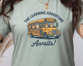 The Learning Adventure Awaits Shirt, Cute School Bus Teacher Tee, Back to School Shirt,Preschool Kindergarten Teacher Gift, Classroom TShirt