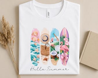 Hello Summer Surfboard Shirt,Beach Vacation T-Shirt,Coastal Summer Graphic Tee,Flamingo Tropical Shirt, Cute Summer Outfit,Beach Lover Gift