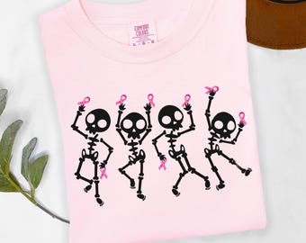 Pink Ribbon Dancing Skeleton Shirt,Breast Cancer Awarenes TShirt,Halloween Pink October Tee, Survivor Support Gift,Breast Cancer Warrior Tee