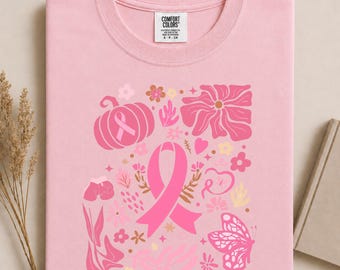 Breast Cancer Awareness Shirt, Pink Ribbon Floral Tee, Pink October T-Shirt, Breast Cancer Survivor Gift, Coquette Awareness Shirt