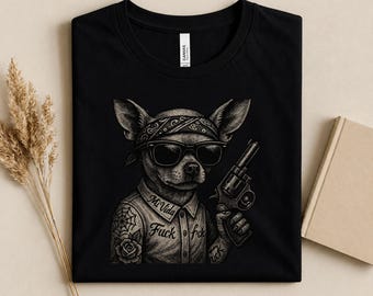 Gangster Chihuahua Shirt, Tattoo Chihuahua Graphic Tee, Funny Bad Dog T-Shirt, Streetwear Dog Lover Gift, Vintage Edgy Chihuahua Tee
