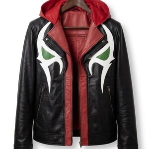 Könnte beinhalten: Schwarze Lederjacke mit rotem Innenfutter und Kapuze. Die Jacke hat weiße und grüne Grafikdesigns auf der Vorderseite und einen Reißverschluss. Sie hängt an einem Holzkleiderbügel.