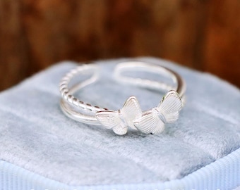 Double Layer Butterfly Sterling Silver Ring, Textured Wing Adjustable Open Band, Dimensional Flutter S925 Jewelry