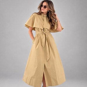 Khaki Trench Midi Dress | Polyester Cape Overlay, Stand Collar, Belted A-Line