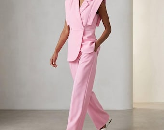 Pink Waistcoat Pants Suit Set- Women Sleeveless Vest Blazer- Wide Leg Pants Office Outfit- Elegant Two Piece Workwear- Summer Formal Suit
