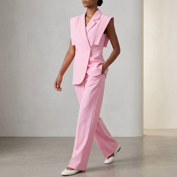 Pink Waistcoat Pants Suit Set- Women Sleeveless Vest Blazer- Wide Leg Pants Office Outfit- Elegant Two Piece Workwear- Summer Formal Suit