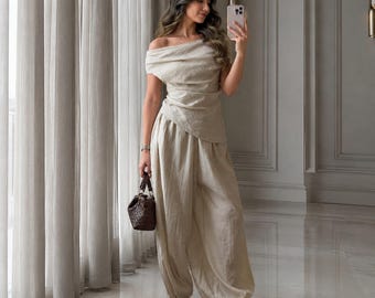 Schulterfrei Leinen Look Hose Set Frauen Weiß Harem Hose Outfit Drapiert Top Frühling Sommer Resort Wear Chic Casual Ensemble