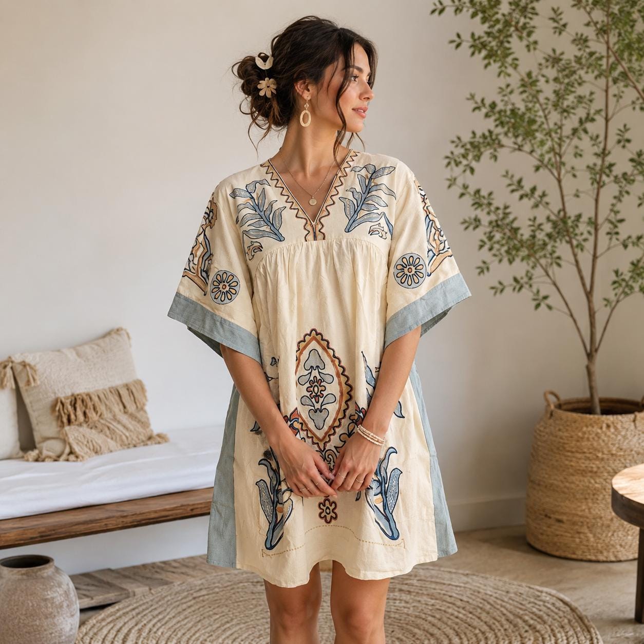 mini boho floral embroidery dress Embroidered Casual maerke_bloomsbury average price to hem Size:18.5 2XL 36-37 Our size is asia