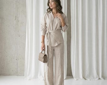 Linen-Look Two-Piece Set: Lace-Up Shirt, Wide-Leg Pants – Resort Casual Outfit