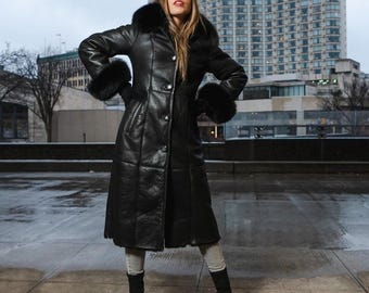 Women Black Leather Fox Fur Long Coat | Luxury Winter Outerwear