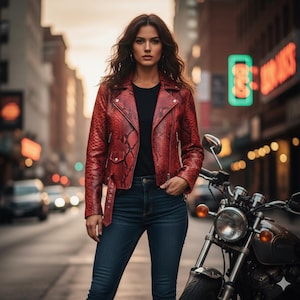 Puede incluir: Chaqueta de cuero roja con estampado de serpiente, camisa negra y vaqueros azules. La chaqueta de estilo motero tiene cuello con solapas, cremallera asimétrica y cinturón. Una moto está aparcada a la derecha. Escena callejera.