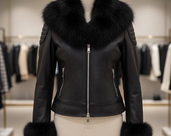 Women Leather Fox Fur Jacket with Real Collar - Luxury Lambskin Coats