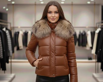 Women Brown Leather Puffer Jacket with Real Natural Fox Fur Collar