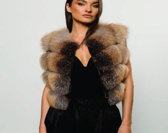 Women Natural Fox Fur and Leather Coat Brown