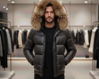 Men Black Leather Puffer Jacket Fox Fur Hood