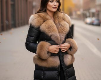 Black Women Leather Fur Long Coat | Luxury Winter Outerwear