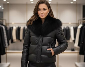 Women Leather Puffer Jacket with Real Fox Fur Collar Luxury Lambskin