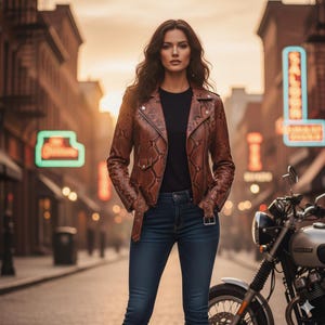 Op de afbeelding: Een persoon draagt een bruine leren jas met slangenpatroon, een zwart T-shirt en een blauwe jeans op een stadsstraat. Een zilveren motorfiets staat in de buurt geparkeerd. De achtergrond toont gebouwen en neonreclame.