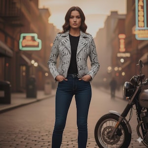 May include: A woman wearing a snakeskin-patterned jacket, black top, and blue jeans stands on a cobblestone street. A motorcycle is parked to the right. The jacket has a zipper closure and a classic biker style.