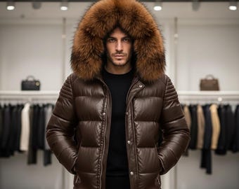 Men Luxury Black Leather Puffer Jacket Real Fox Fur Winter Puffy Coat