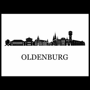 Pode incluir: Silhueta a preto e branco do horizonte de Oldenburgo. A imagem apresenta contornos de vários edifícios, incluindo igrejas e uma torre de água, com o nome da cidade, "OLDENBURG", impresso em negrito.
