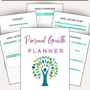 May include: A white Personal Growth Planner with a teal and green tree graphic and the text "Personal Growth PLANNER". The image also shows worksheets with titles like "Mindset" and "Goal Action Plan". The text "25 + worksheets" is also visible.