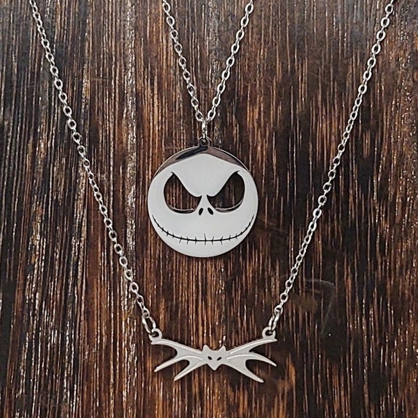 Jack Skellington Head + Bat Bowtie Necklace Set Nightmare Before Christmas Necklace Layering Minimalist Jewelry Halloween NBC Gold Silver