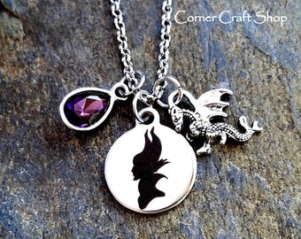 Maleficent Sleeping Beauty Inspired Dragon Charm Princess Villain Necklace Witch w/ Purple Gem option to personalize engraved name on back