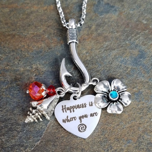 Moana Happiness Is Where You Are Movie Quote inspired Charm Necklace Inspirational Flower Shell Maui Hook charms Option to personalize charm