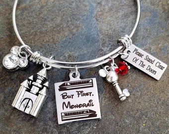 But First, Monorail Disney Transportation Inspired Charm Bangle Bracelet Castle Mickey Key Please stand clear of the doors tag Personalized