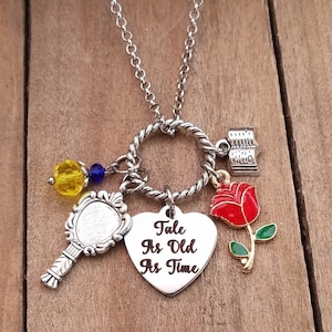 Beauty and the Beast Tale As Old As Time Charm Themed Disney Inspired Necklace Princess Red Rose Belle Beast Mirror Book Personalized