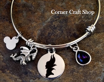 Maleficent Sleeping Beauty Inspired Dragon Charm Princess Villain Bangle Bracelet Witch w/ Purple Gem  option to personalize engraved name