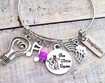 One Little Spark FIGMENT Journey Into Imagination Disney Ride Inspired Bangle Charm Bracelet  Rainbow Music Note Option to personalize name