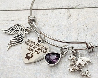 Never Let Your Wings Be stolen from You Maleficent Inspired Charm Villain Bangle Bracelet Dragon,  option to personalize engraved name