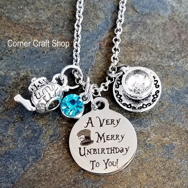 A Very Merry Unbirthday To You Alice Wonderland Mad Tea Cup Disney Ride Inspired Charm Necklace Teapot Option to Personalize with your name
