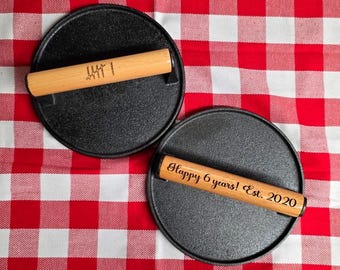6 Year Iron Wedding Anniversary Gift, 6 Tally Marks Cast Iron Burger | Steak Weight, Personalized Custom Name Gift for Husband,  For Him